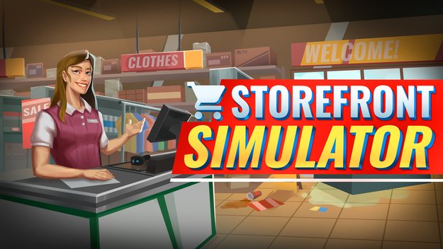 Promotiebeeld van Storefront Simulator met een kassamedewerker aan een supermarktkassa, naast de titel van de game.